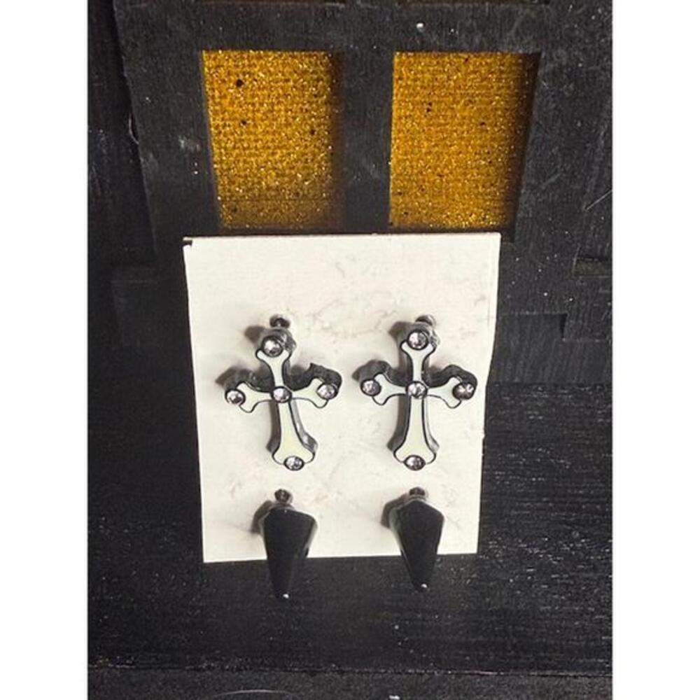 Black Cross & Spike Stud Earrings Gothic Halloween Set (2 Pairs) NWT